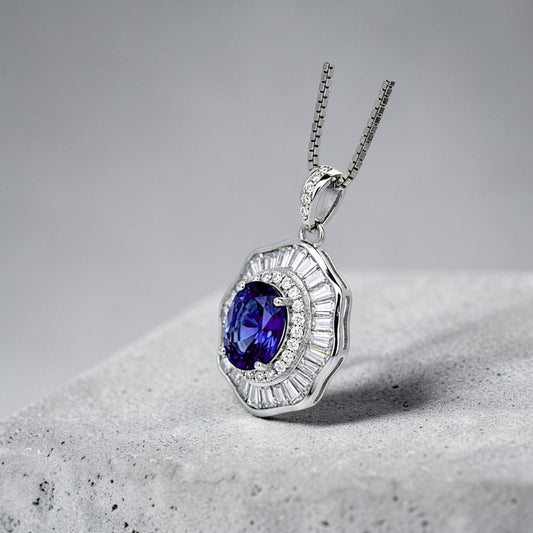 Tanzanite Necklace - Lotus Flower Pendant - 18KGP @ Sterling Silver - December Birthstone - Lab Created Blue Tanzanite Pendant #522