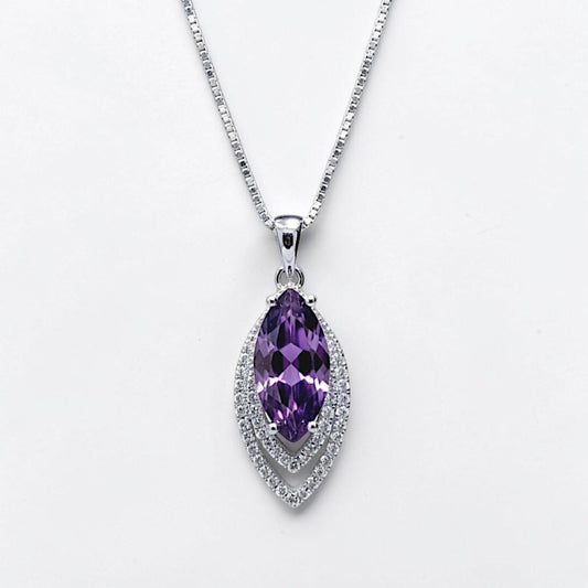 Genuine Marquise Amethyst Necklace, Sterling Silver - White Gold Coated Double Diamond Halo - Large 3 CT Created synthetic Diamond Leaf