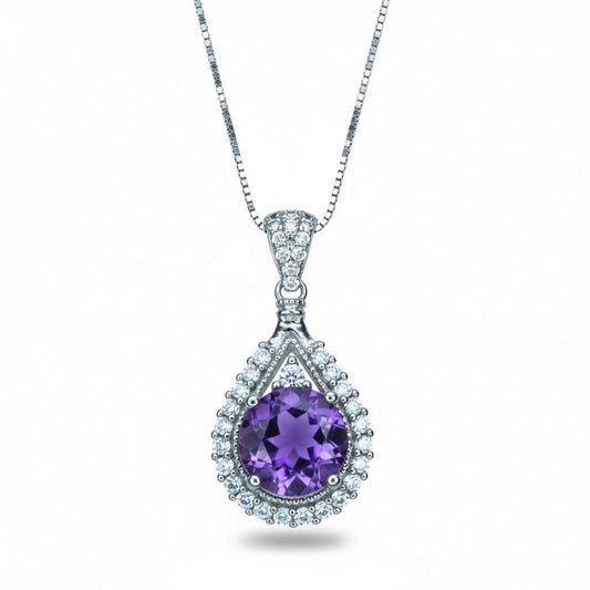 Genuine Amethyst Necklace - 925 Sterling Silver Round Natural Amethyst Pendant - Gemstone White Gold Plated February Birthstone #496