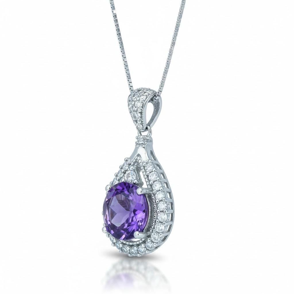 Genuine Amethyst Necklace - 925 Sterling Silver Round Natural Amethyst Pendant - Gemstone White Gold Plated February Birthstone #496