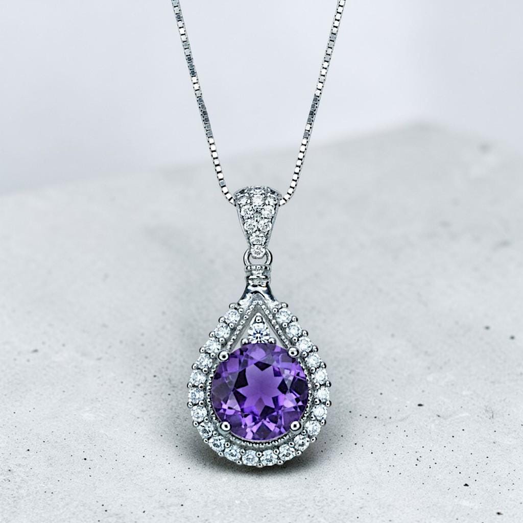 Genuine Amethyst Necklace - 925 Sterling Silver Round Natural Amethyst Pendant - Gemstone White Gold Plated February Birthstone #496