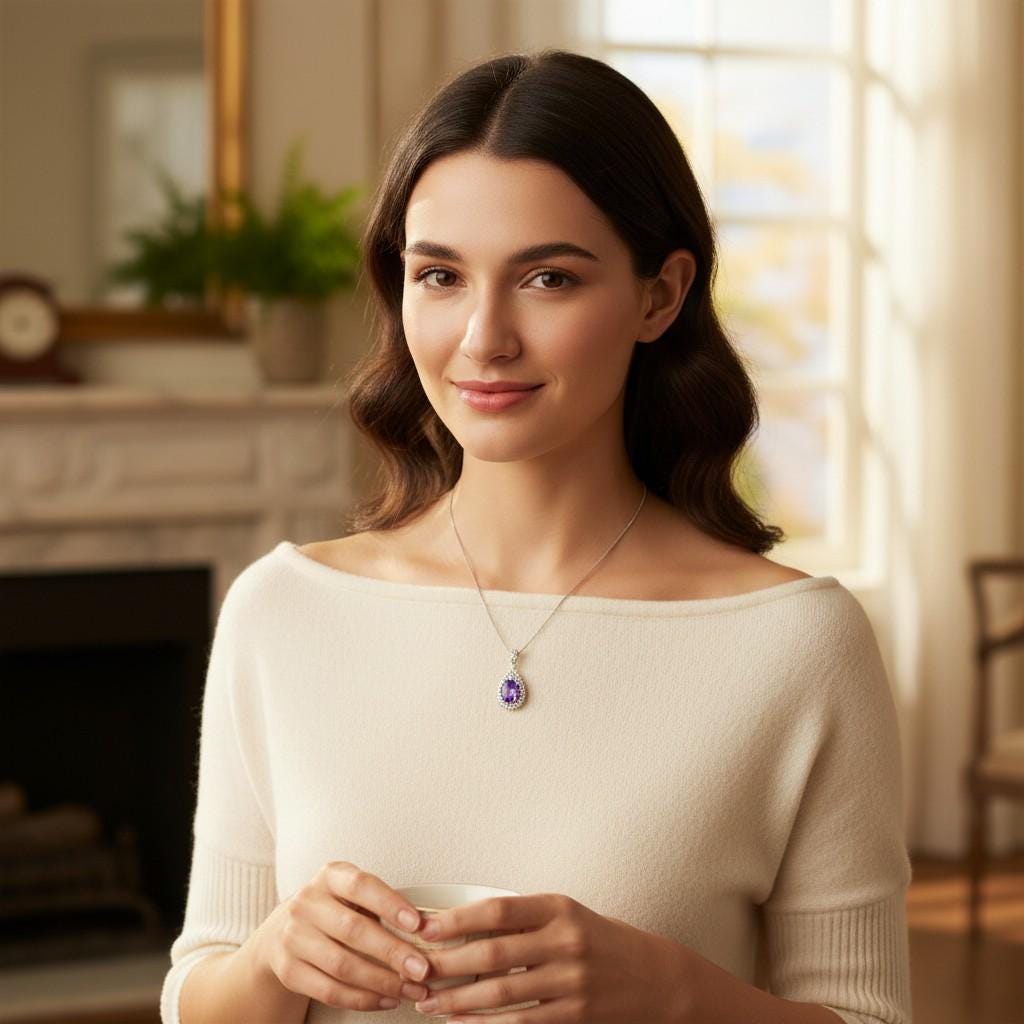 Genuine Amethyst Necklace - 925 Sterling Silver Round Natural Amethyst Pendant - Gemstone White Gold Plated February Birthstone #496