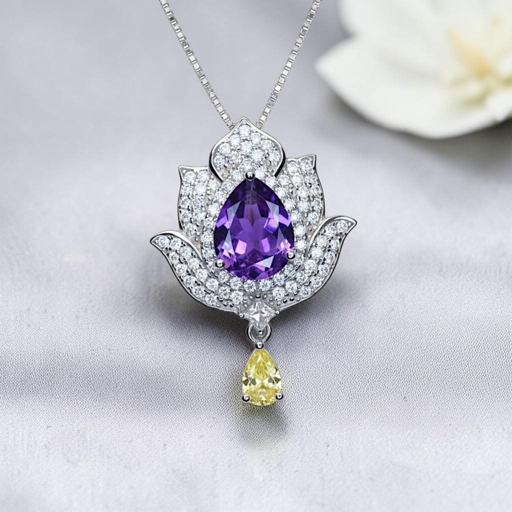Amethyst Necklace - Lotus Flower Pendant - 18kGP @ Sterling Silver Teardrop Halo Genuine Amethyst Pendant February Birthstone #924