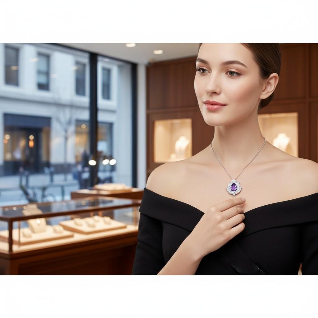 Amethyst Necklace - Lotus Flower Pendant - 18kGP @ Sterling Silver Teardrop Halo Genuine Amethyst Pendant February Birthstone #924