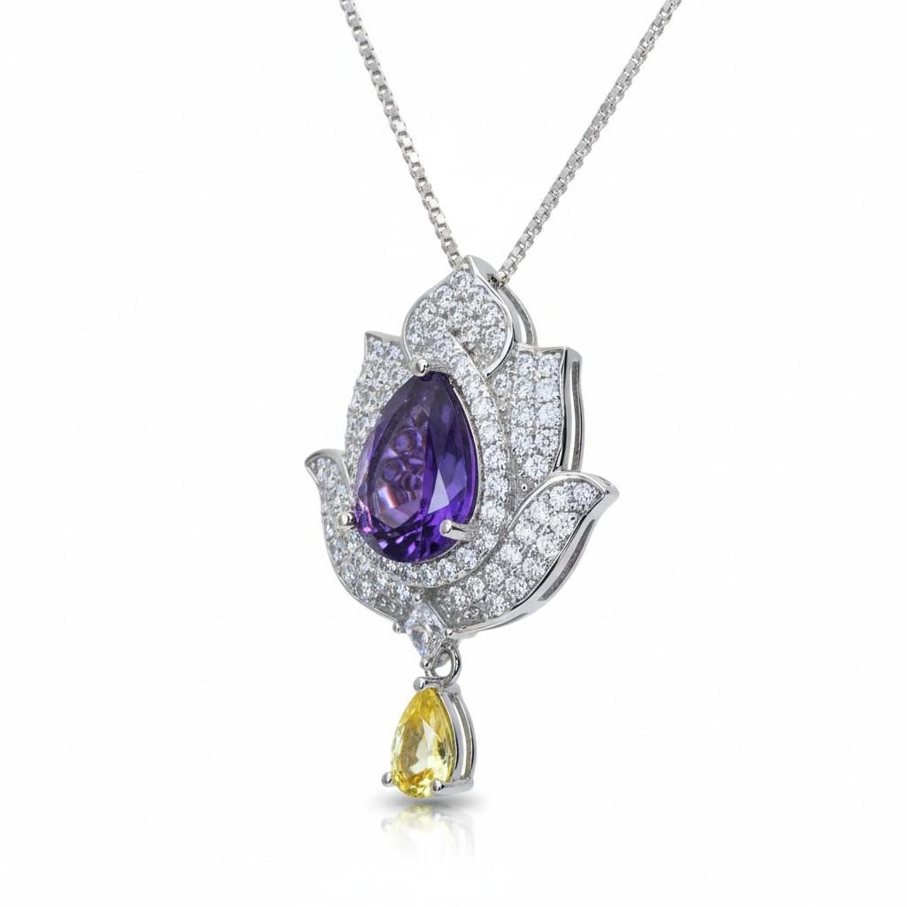 Amethyst Necklace - Lotus Flower Pendant - 18kGP @ Sterling Silver Teardrop Halo Genuine Amethyst Pendant February Birthstone #924