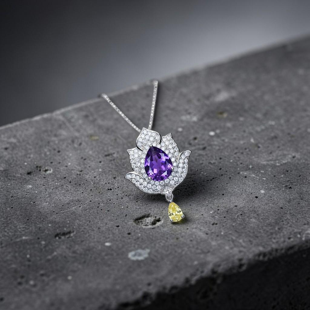 Amethyst Necklace - Lotus Flower Pendant - 18kGP @ Sterling Silver Teardrop Halo Genuine Amethyst Pendant February Birthstone #924