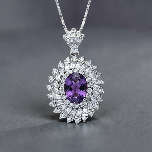 Natural Amethyst Necklace Double Halo Amethyst Pendant Genuine Purple Amethyst Jewelry- Chakra Healing 18KGP @ Sterling Silver #834