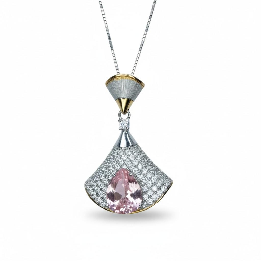 Morganite Necklace - Full Sterling Silver - White Gold coated - Gemstone Drop 3 CT large Pink Morganite Jewelry #869