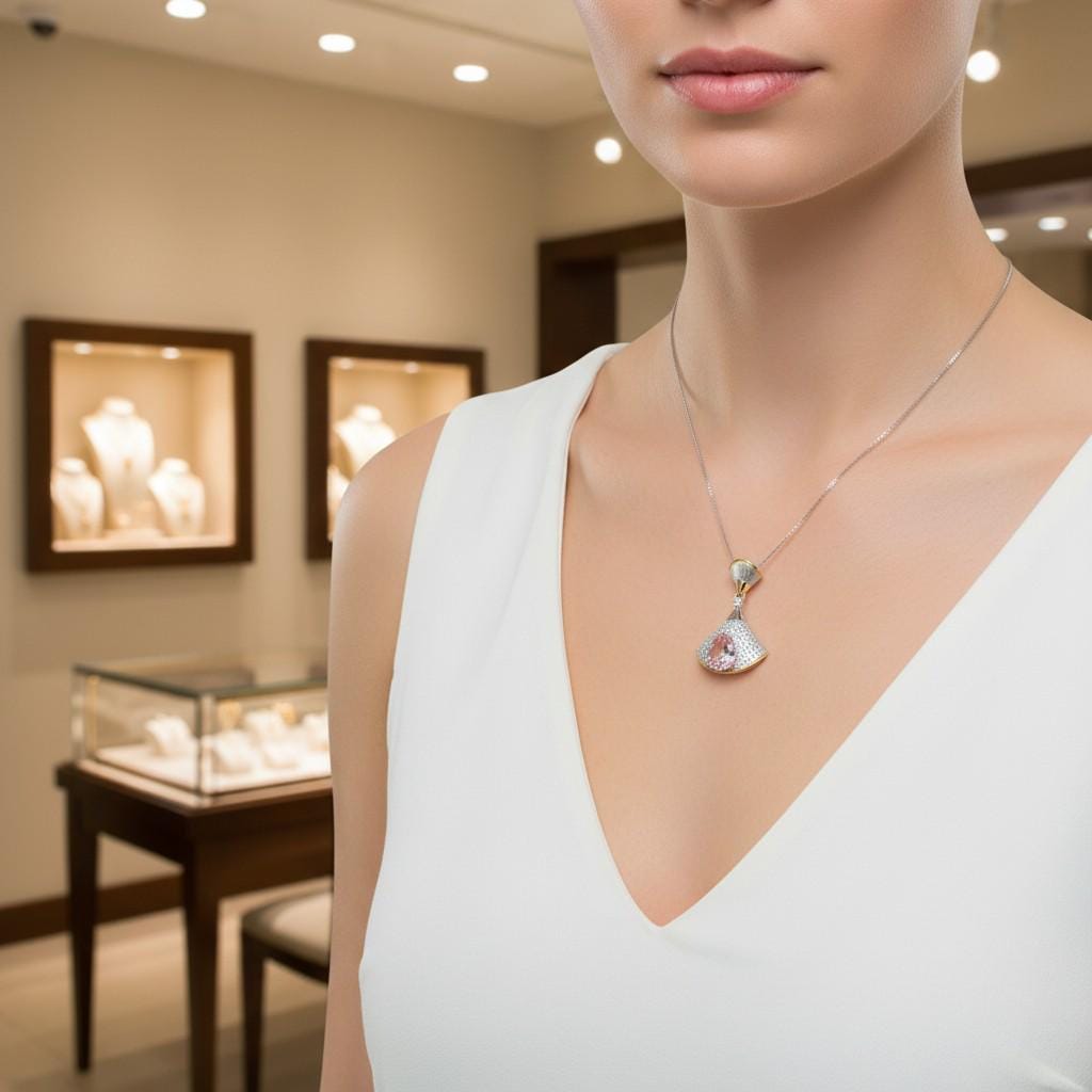 Morganite Necklace - Full Sterling Silver - White Gold coated - Gemstone Drop 3 CT large Pink Morganite Jewelry #869