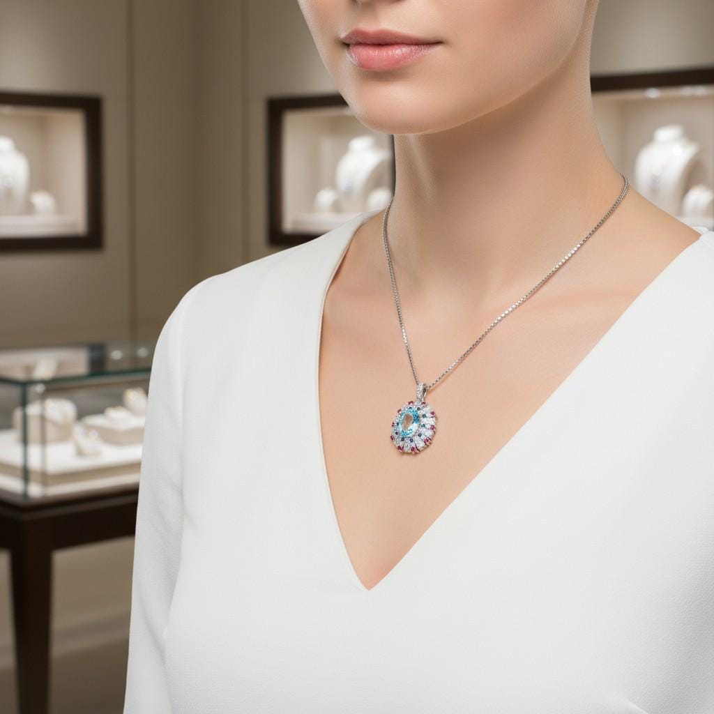 Luxury Radiant Blue Aquamarine Necklace Sky Blue Style White Gold coated Sterling Silver Aquamarine Pendant - Exclusive Design 2.8 CT #899