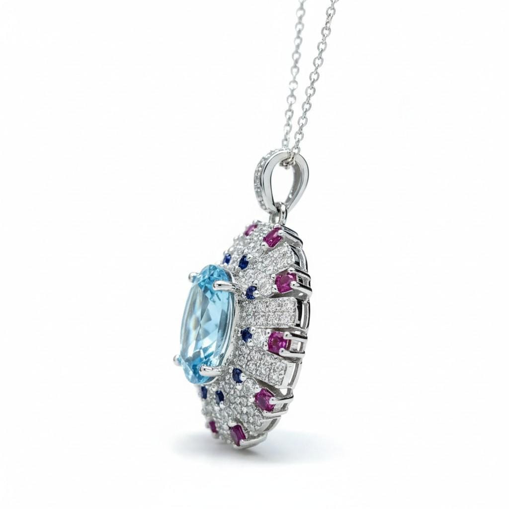 Luxury Radiant Blue Aquamarine Necklace Sky Blue Style White Gold coated Sterling Silver Aquamarine Pendant - Exclusive Design 2.8 CT #899