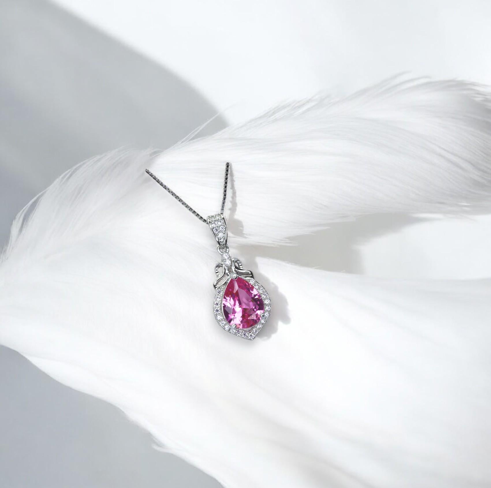 Teardrop Pink Tourmaline Necklace, Gemstone Halo Pink Gemstone Pendant, Sterling Silver White gold Solitaire Fuchsia Gemstone Jewelry #196