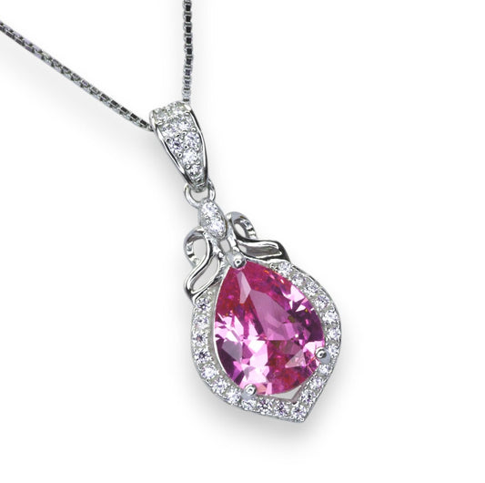 Teardrop Pink Tourmaline Necklace, Gemstone Halo Pink Gemstone Pendant, Sterling Silver White gold Solitaire Fuchsia Gemstone Jewelry #196
