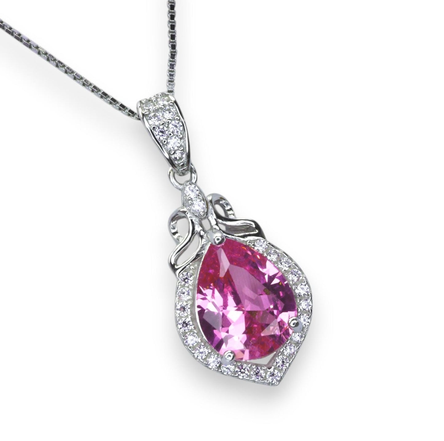 Teardrop Pink Tourmaline Necklace, Gemstone Halo Pink Gemstone Pendant, Sterling Silver White gold Solitaire Fuchsia Gemstone Jewelry #196