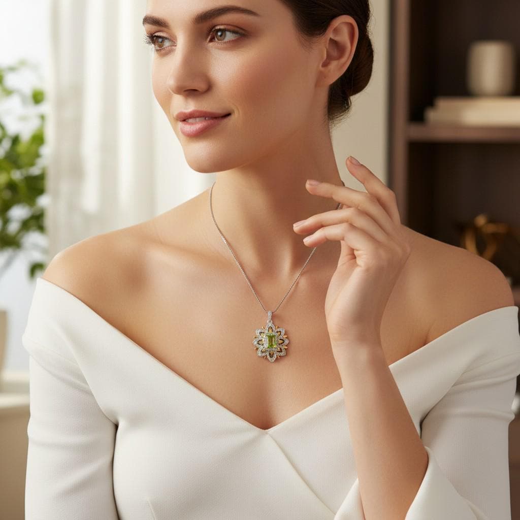 Spirit Flower Genuine Peridot Necklace White Gold coated Sterling Silver Gemstone Gold Rectangle Peridot Pendant Goddess Athena Jewelry #764