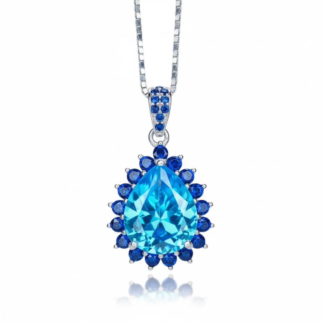 Large Blue Topaz Necklace - Blue Sapphire Halo - Blue Topaz Pendant - Teardrop Blue Topaz Jewelry - 18kgp @ Sterling Silver - 4 CT #598