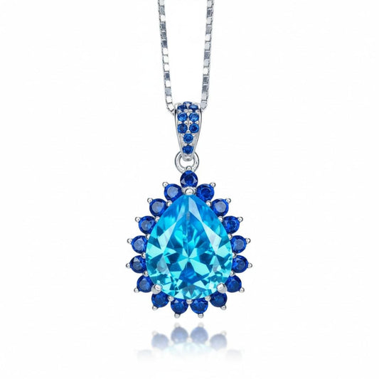 Large Blue Topaz Necklace - Blue Sapphire Halo - Blue Topaz Pendant - Teardrop Blue Topaz Jewelry - 18kgp @ Sterling Silver - 4 CT #598