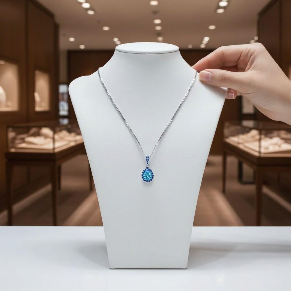 Large Blue Topaz Necklace - Blue Sapphire Halo - Blue Topaz Pendant - Teardrop Blue Topaz Jewelry - 18kgp @ Sterling Silver - 4 CT #598