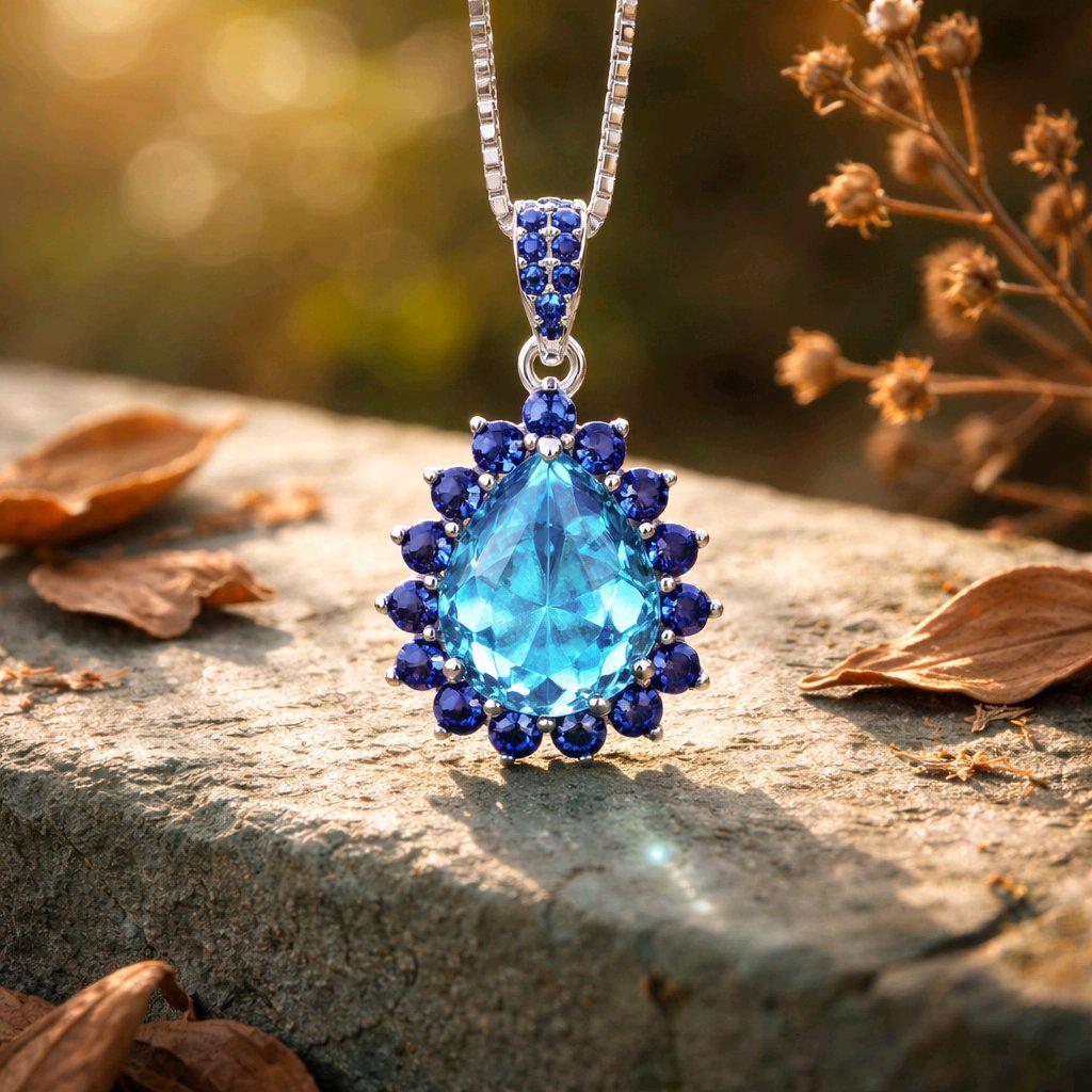 Large Blue Topaz Necklace - Blue Sapphire Halo - Blue Topaz Pendant - Teardrop Blue Topaz Jewelry - 18kgp @ Sterling Silver - 4 CT #598