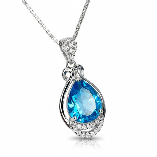 Sterling Silver Teardrop Swiss Blue Topaz Necklace 2.75 ct Teardrop Sim Gemstone 14k White Gold Plated Birthstone #933