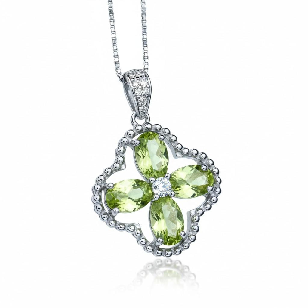 Genuine Green Peridot Necklace, 925 Sterling Silver Four Leaf Clover Pendant, Natural Peridot Pendant August Birthstone Leaf Jewelry #233