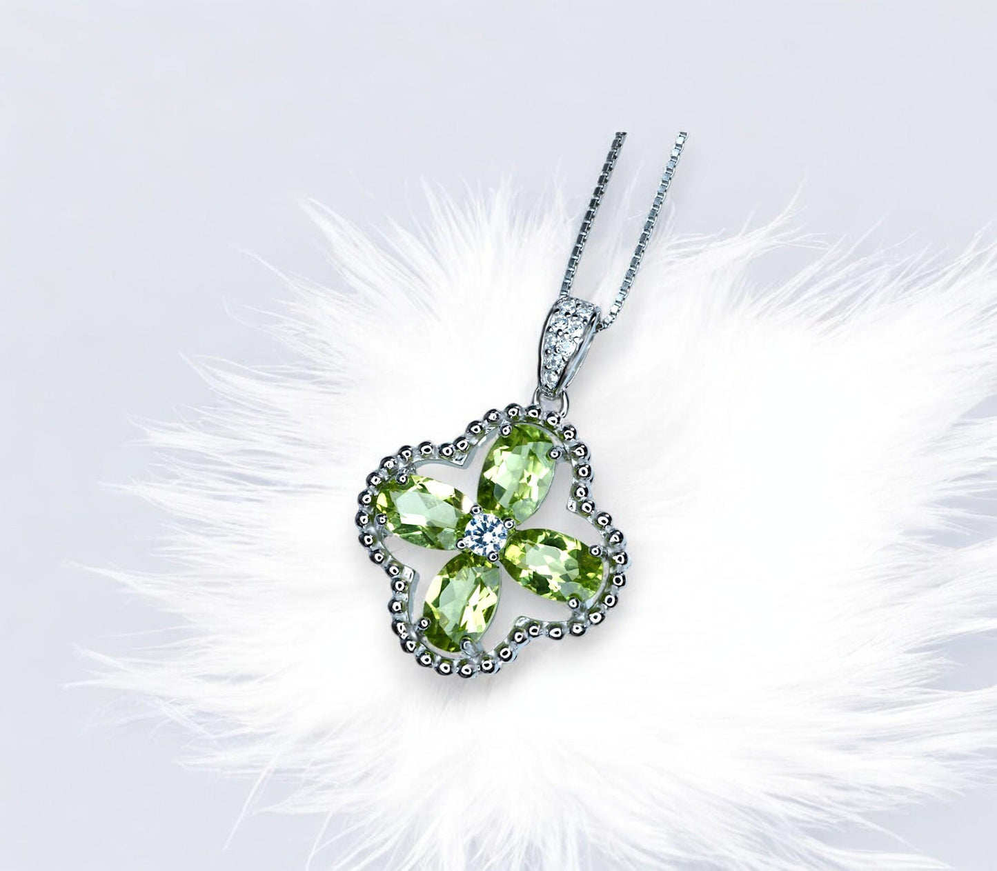 Genuine Green Peridot Necklace, 925 Sterling Silver Four Leaf Clover Pendant, Natural Peridot Pendant August Birthstone Leaf Jewelry #233