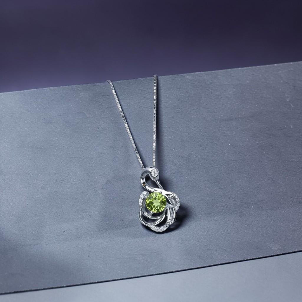 Genuine Peridot Sterling Silver Swan Necklace - Natural Green Peridot Pendant - 18KGP - August Birthstone #971
