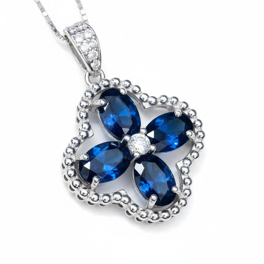 Blue sapphire Necklace - Sterling Silver Four-leaf Clover Necklace - September Birthstone - Blue Sapphire Jewelry #993