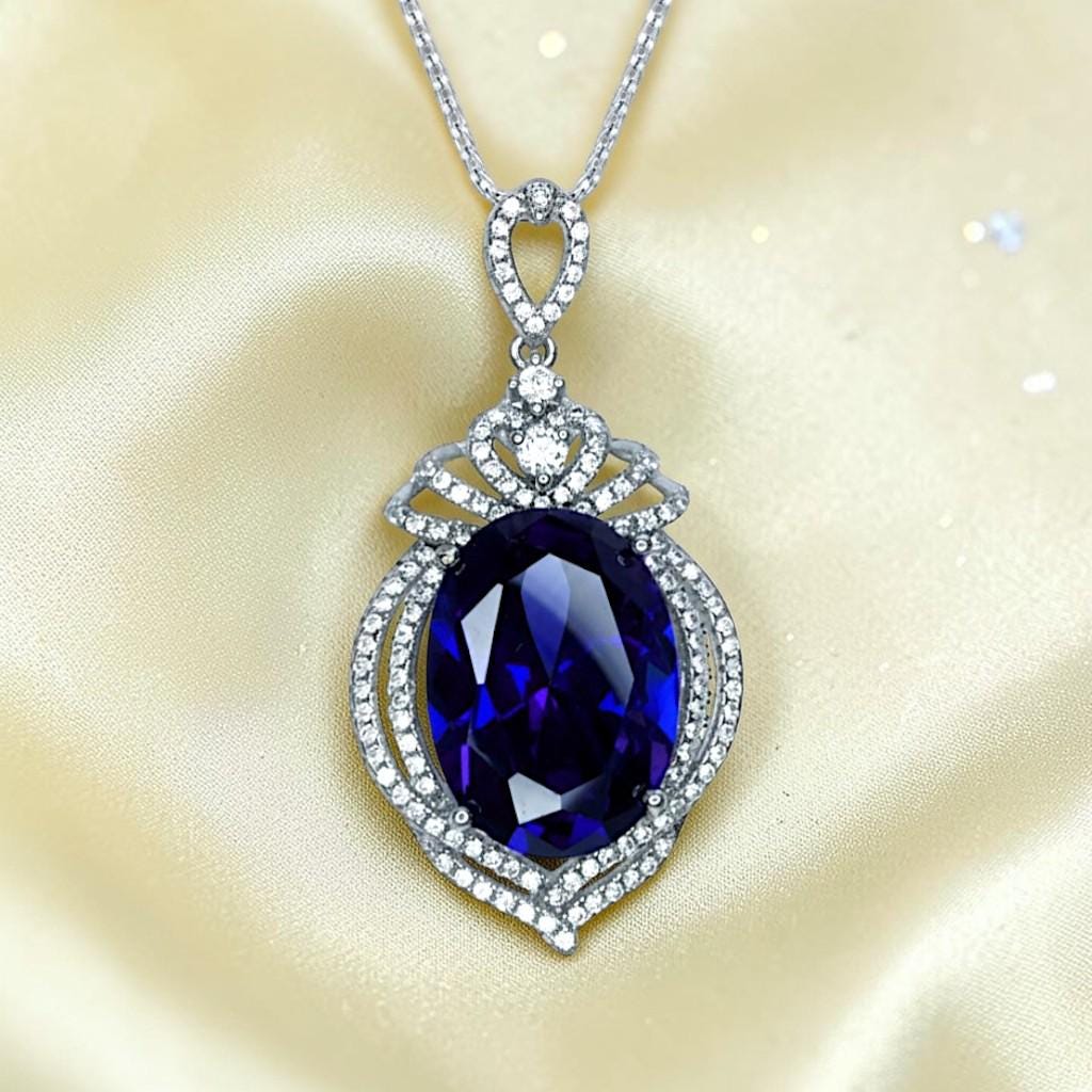Large Tanzanite Sterling Silver Necklace 14 ct Oval fine Cut Blue Tanzanite Pendant - Crown Pendant 18k White Gold Coated Jewelry #916