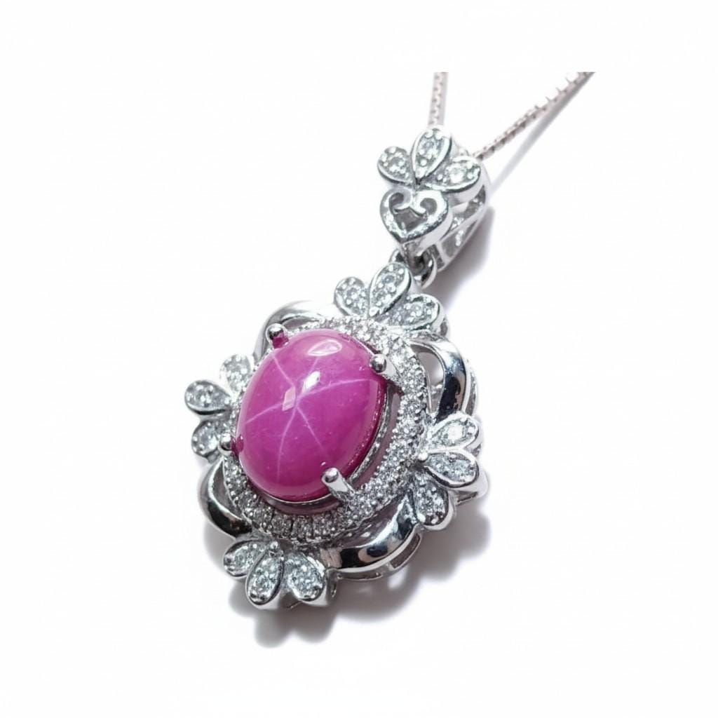 Star Ruby Necklace - Gemstone Royal Flower Ruby Pendant - 18KGP @ Sterling Silver - July Birthstone #749