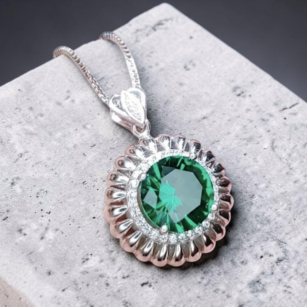 Large Emerald Necklace - Sterling Silver Sunflower Sun Necklace 4 Ct Green Gemstone Halo Emerald May Birthstone Gift #491