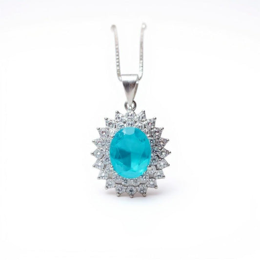 Double Gemstone Halo Paraiba Tourmaline Necklace - 18KGP @ Sterling Silver - 2.8 CT Oval Cut - Large Blue Tourmaline Jewelry #571