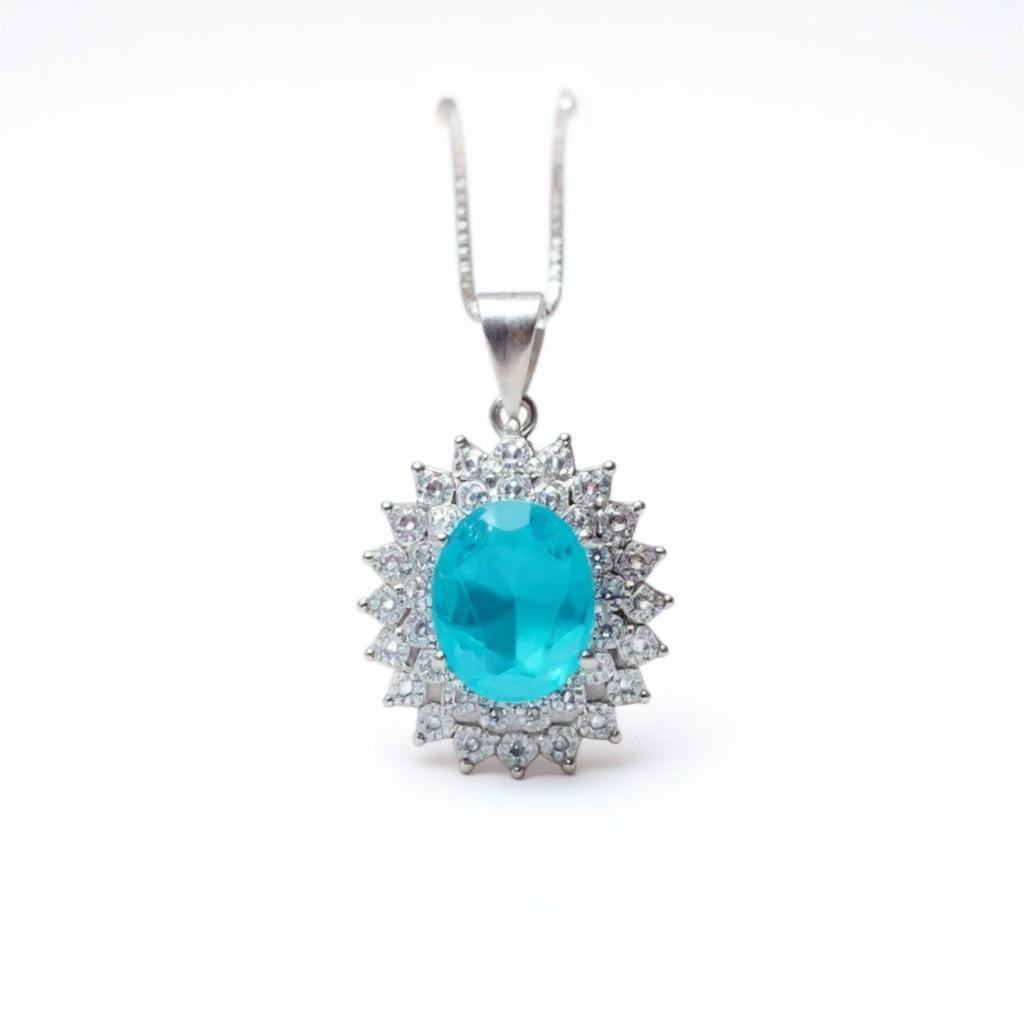 Double Gemstone Halo Paraiba Tourmaline Necklace - 18KGP @ Sterling Silver - 2.8 CT Oval Cut - Large Blue Tourmaline Jewelry #571