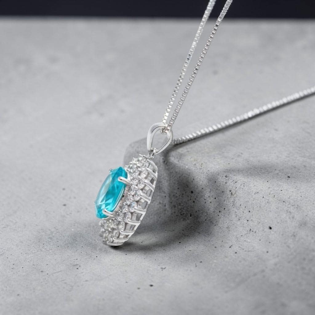 Double Gemstone Halo Paraiba Tourmaline Necklace - 18KGP @ Sterling Silver - 2.8 CT Oval Cut - Large Blue Tourmaline Jewelry #571