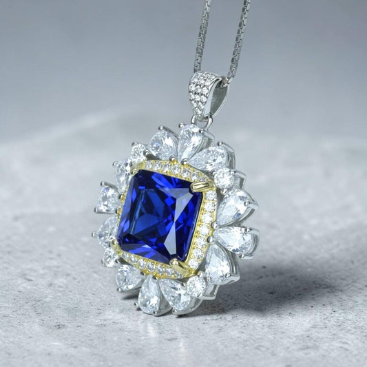 Large Square Tanzanite Necklace - Gemstone Halo Square Sterling Silver 18KGP - 7 CT 10 MM Lab Created Tanzanite Jewelry #810