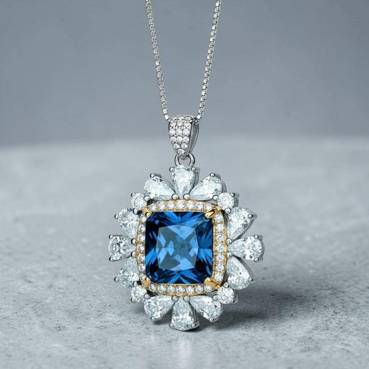 Large Square Sapphire Necklace - Gemstone Halo Gold Square 7 CT 10 MM Blue Sapphire Pendant - Sterling Silver White Gold plated #875
