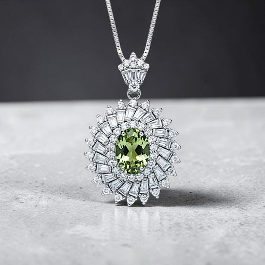 Natural Peridot Necklace - 18KGP Sterling Silver - 1.5 Ct Triple Gemstone Halo - Genuine Green Peridot Pendant #842