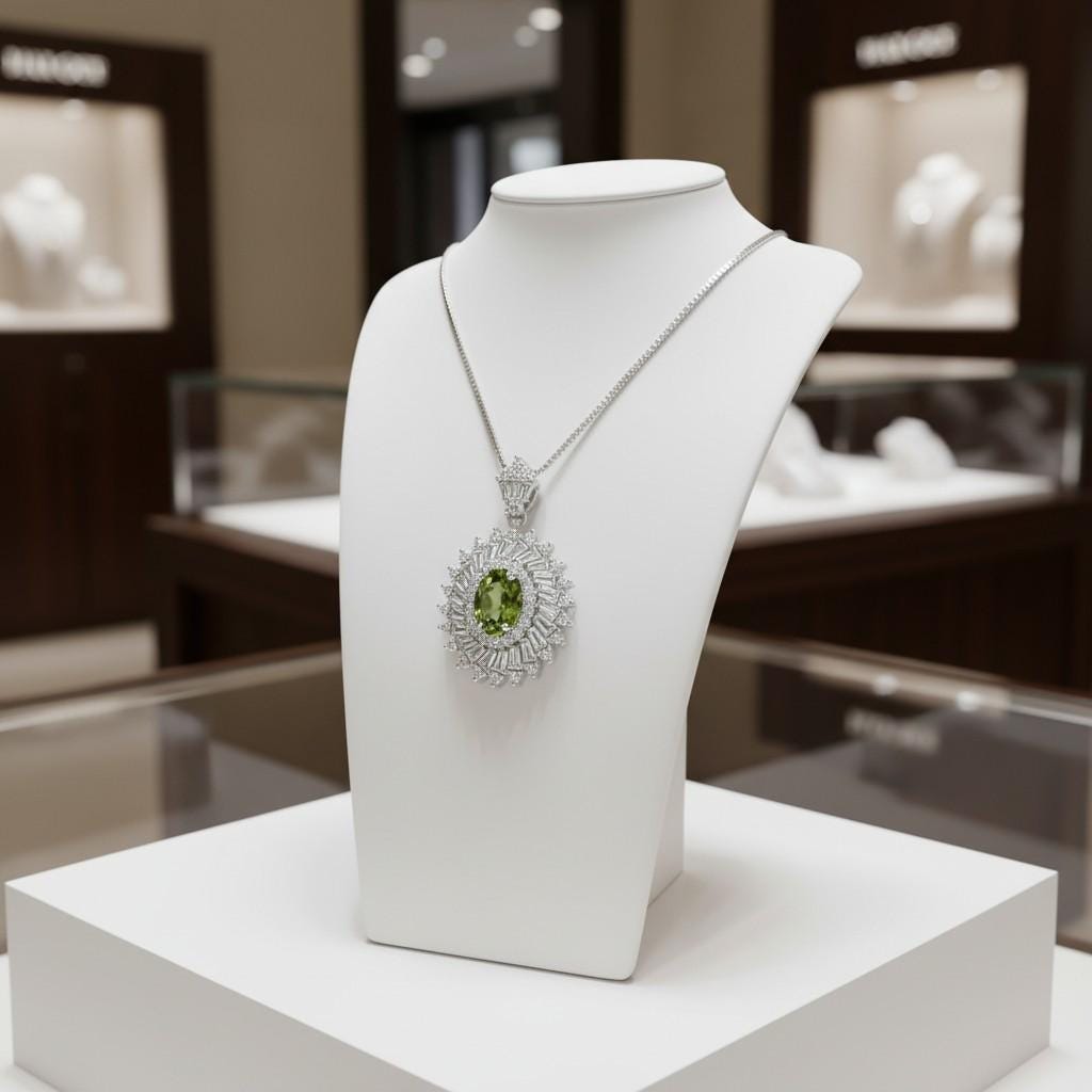 Natural Peridot Necklace - 18KGP Sterling Silver - 1.5 Ct Triple Gemstone Halo - Genuine Green Peridot Pendant #842