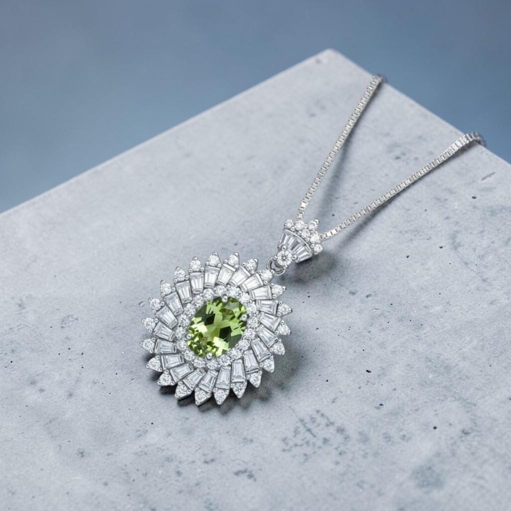 Natural Peridot Necklace - 18KGP Sterling Silver - 1.5 Ct Triple Gemstone Halo - Genuine Green Peridot Pendant #842