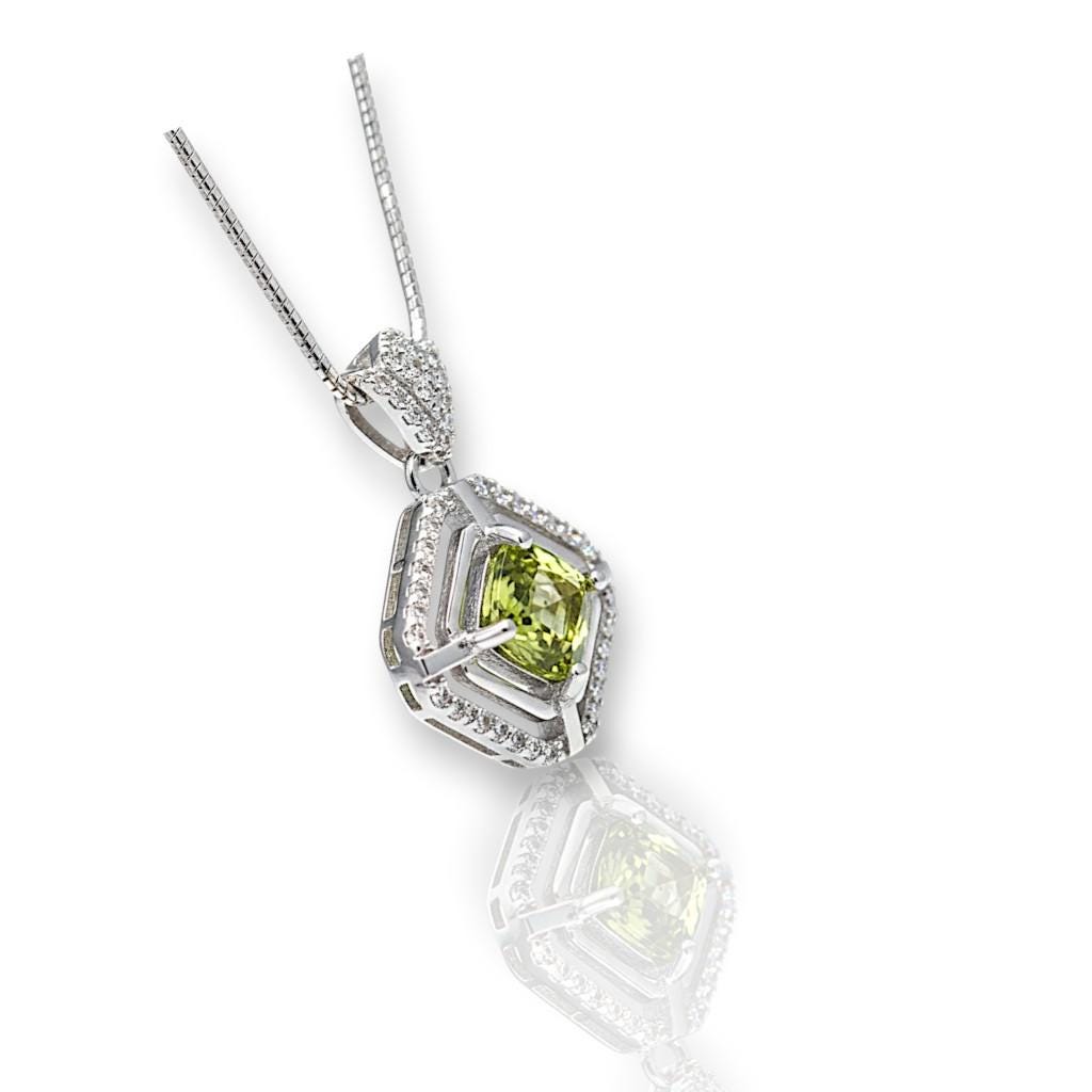 Genuine Square Peridot Necklace 18KGP @ Sterling Silver - Double Halo 0.9 CT Green Peridot Pendant Jewelry - August Birthstone #033