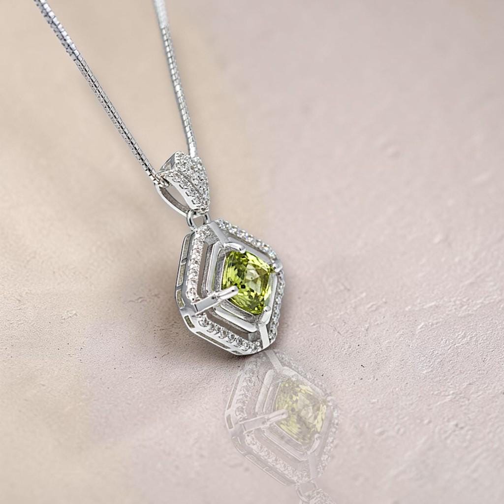 Genuine Square Peridot Necklace 18KGP @ Sterling Silver - Double Halo 0.9 CT Green Peridot Pendant Jewelry - August Birthstone #033