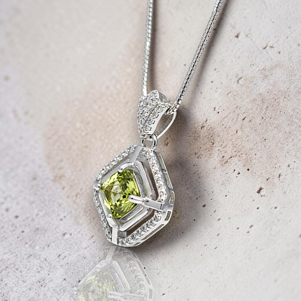 Genuine Square Peridot Necklace 18KGP @ Sterling Silver - Double Halo 0.9 CT Green Peridot Pendant Jewelry - August Birthstone #033