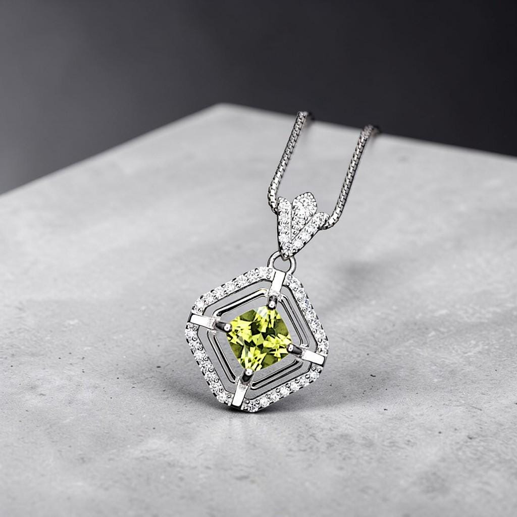 Genuine Square Peridot Necklace 18KGP @ Sterling Silver - Double Halo 0.9 CT Green Peridot Pendant Jewelry - August Birthstone #033