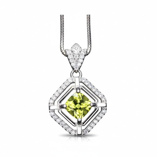 Genuine Square Peridot Necklace 18KGP @ Sterling Silver - Double Halo 0.9 CT Green Peridot Pendant Jewelry - August Birthstone #033
