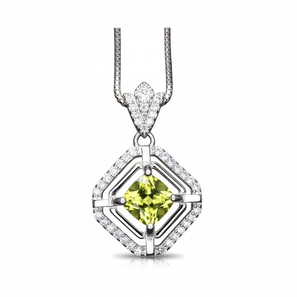 Genuine Square Peridot Necklace 18KGP @ Sterling Silver - Double Halo 0.9 CT Green Peridot Pendant Jewelry - August Birthstone #033