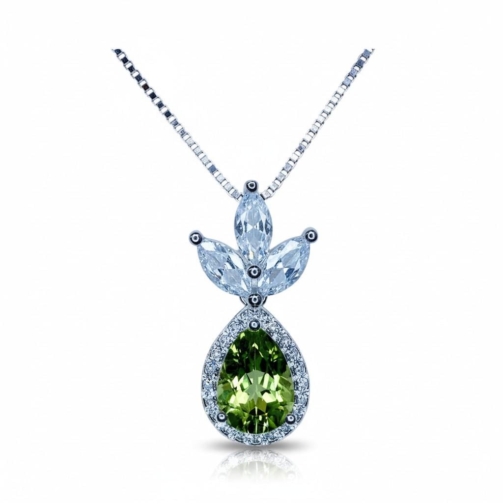 Genuine Peridot Necklace - Natural Green Peridot Pendant - 18KGP @ Sterling Silver - August Birthstone - Three Petal Gemstone Jewelry #465