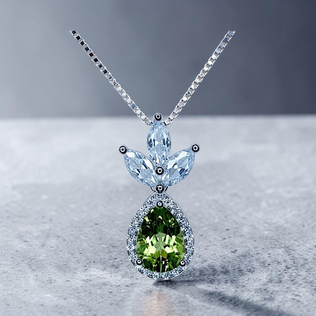 Genuine Peridot Necklace - Natural Green Peridot Pendant - 18KGP @ Sterling Silver - August Birthstone - Three Petal Gemstone Jewelry #465