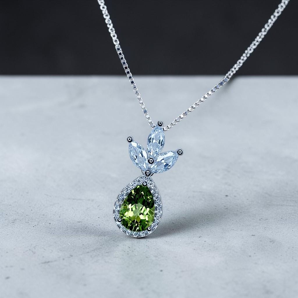 Genuine Peridot Necklace - Natural Green Peridot Pendant - 18KGP @ Sterling Silver - August Birthstone - Three Petal Gemstone Jewelry #465