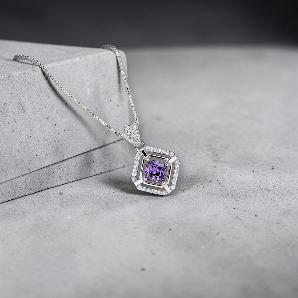 Genuine Square Amethyst Necklace Sterling Silver White Gold Plated Halo 0.9 CT Purple Amethyst Pendant Jewelry February Birthstone #104
