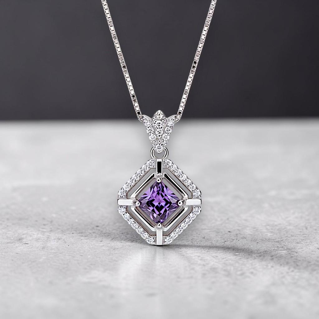 Genuine Square Amethyst Necklace Sterling Silver White Gold Plated Halo 0.9 CT Purple Amethyst Pendant Jewelry February Birthstone #104